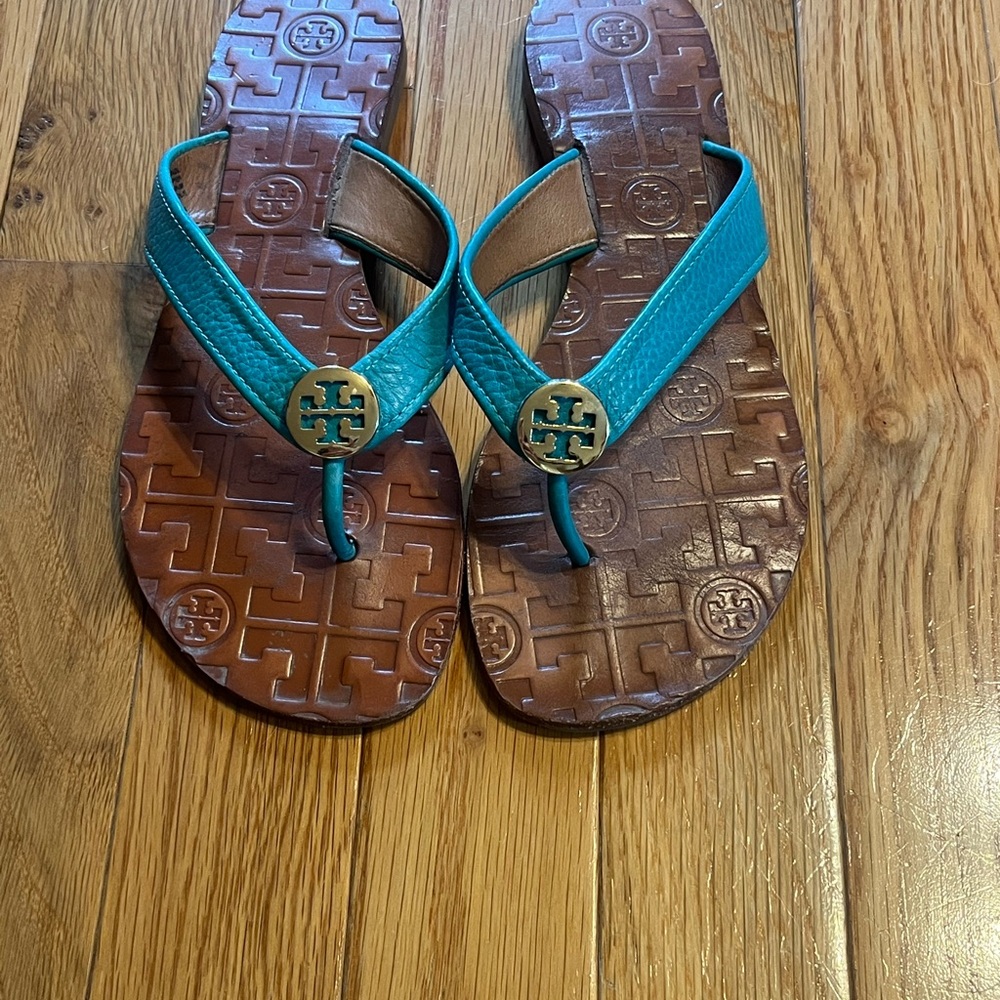 Tory Burch Turquoise and Brown Leather Sandals